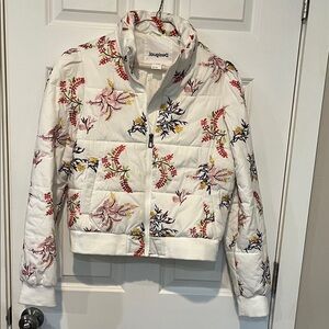 Desigual Women's Puffer Jacket with Floral Embroidery - White M